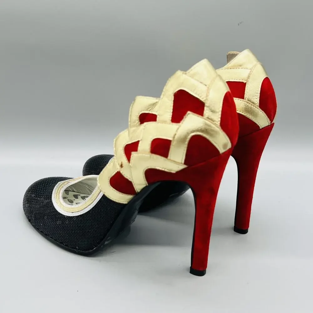 Oh Deer Shoes Women 10 Black Red Gold Sequin Ginger Stiletto Heel Pump Round Toe